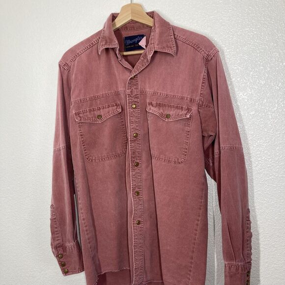 Wrangler Shirt Mens 15.5-35 Medium Pink red Denim Western Snap Long Sleeve - Picture 2 of 16